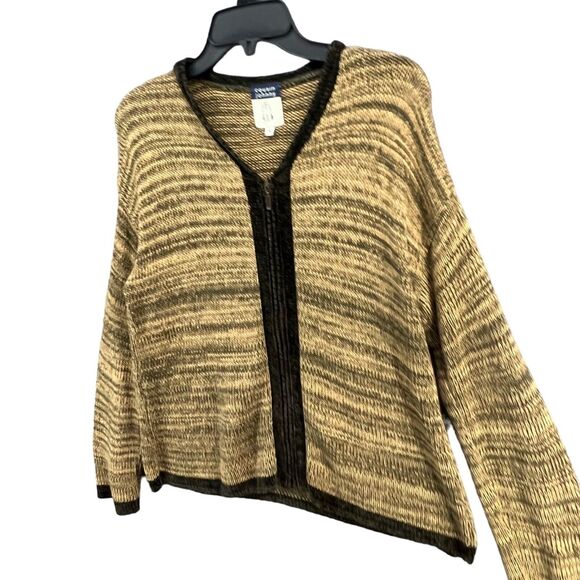 Cousin Johnny Zip Cardigan Womens M Tan Green Cotton Knit Sweater Cozy Granola - Picture 3 of 14